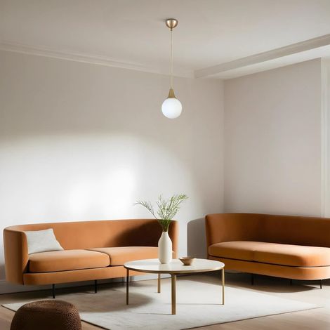 Lustre élégant blanc et doré, hauteur réglable 25-70 cm, corps en métal, capuchon en verre, culot E27 max 40 W, éclairage élégant pour les espaces modernes (1/5)
