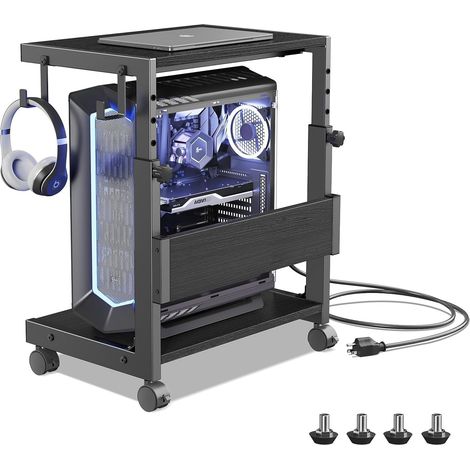 Support Tour PC Réglable Hauteur à 2 Niveaux, avec Roulettes Support PC sous Bureau pour Boîtier ATX jusqu'à 50kg, Support pour Imprimante de Bureau Domestique, Petit Noir (1/5)