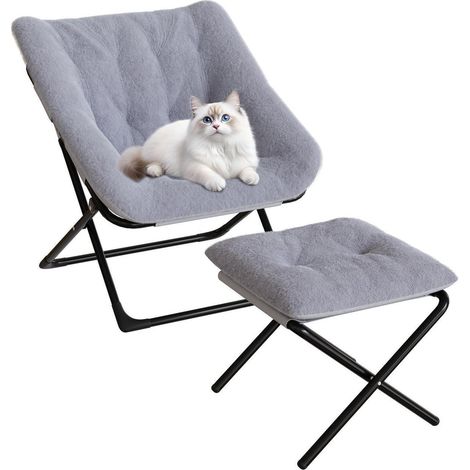 Klappbarer Sessel mit Fußhocker, weiches Kaninchenfell, grau (1/5)