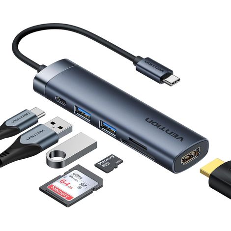 Hub USB-C 6-en-1 Adaptateur avec HDMI 4K et Charge PD 100W, Ports de Données USB-A 3.0 / USB-C 5 Gbit/s, Lecteur SD/TF, Compatible MacBook, iPad Air/Pro, 17/16/15, HP, Dell, Gray (1/5)