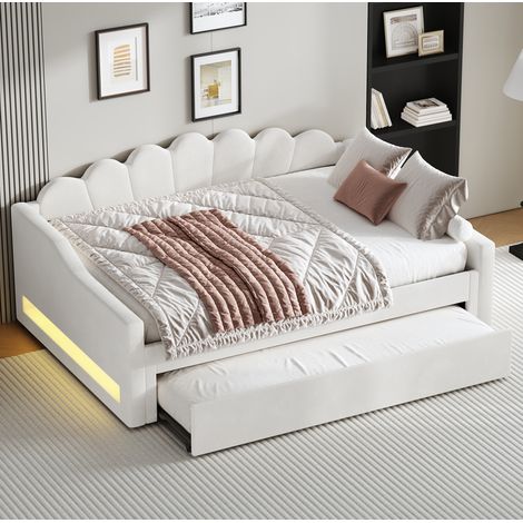 Tagesbett 140x200 cm beige aus Leinen, MDF und Sperrholz mit LED-Beleuchtung und Ausziehbett (1/5)