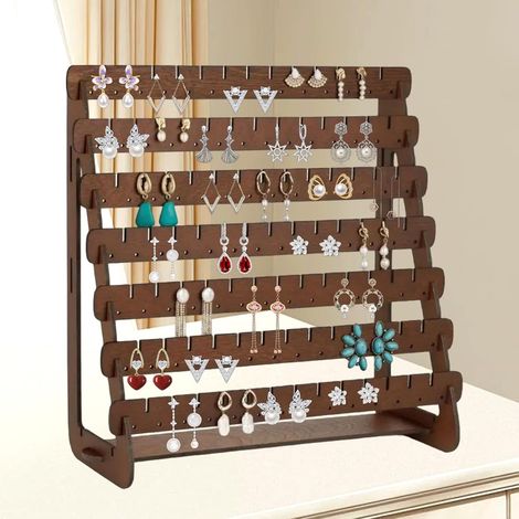Retro-Ohrringständer aus Holz, Ohrringorganizer, 7-stufiges Präsentationsregal, hängender Ohrringhalter mit 200 Löchern
