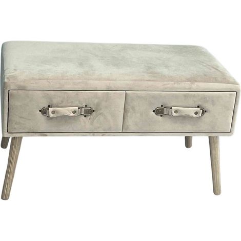 Panca in velluto beige con 2 cassetti, maniglie in velluto e ferramenta in bronzo