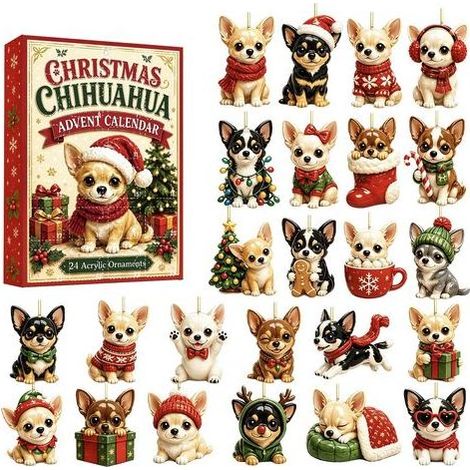 Calendrier de l'Avent de Noël Chihuahua, boîte surprise, figurine en acrylique, coffret cadeau