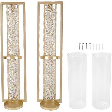 Eosnow 2 Stück Wandkerzenhalter Vintage ausgehöhlte Metallkunst mit Glasabdeckung für Heimdekoration Gold