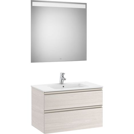 Pack mueble base de 2 cajones + lavabo central + espejo LED THE GAP - ROCA Color: Fresno nórdico