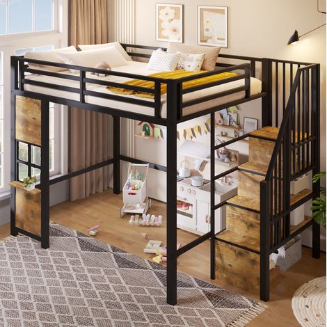 Letto soppalco 140x200 cm metallo/MDF nero con contenitori, senza materasso – MEUBLIV (1/5)