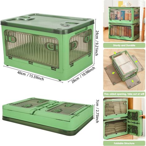 Juego de 2 cajas de almacenamiento con tapa, caja apilable de 28 litros con ruedas, caja plegable de 5 puertas, organizador de juguetes, armario de almacenamiento (verde) (1/4)