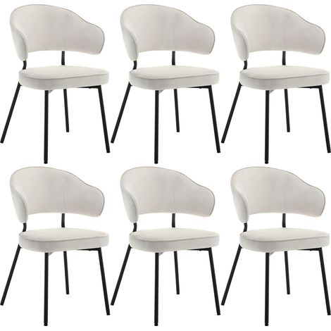 Woltu – Lot de 6 chaises scandinaves en velours crème – Dossier incurvé – Pieds en métal – Assise confortable 50x43cm – Capacité 120kg