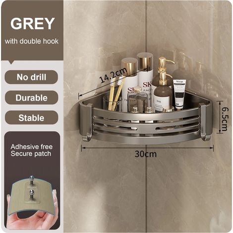 Étagère de salle de bain (Gris, 1 niveau) pour douche, rangement mural pour flacons de shampoing, étagère d'angle sans perçage, accessoires de salle de bain (1/5)