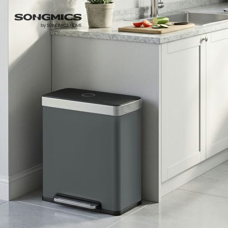 Poubelle Tri Sélectif 2 Bacs, 2 x 30L, Poubelle Double Cuisine en Acier Inoxydable,15 Sacs, Seaux en Plastique, Couvercles à Fermeture Lente, 58,2 x 36,5 x 60,5 cm, Gris Verdâtre (1/5)