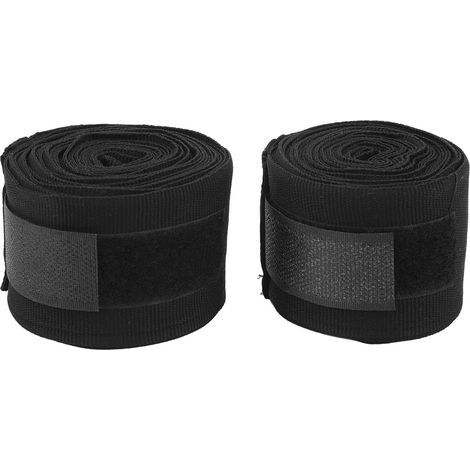Set of 2 cotton boxing wraps, 5m long, quick-drying, semi-elastic, hook and loop closure, for kickboxing and muay thai, black. (1/5)