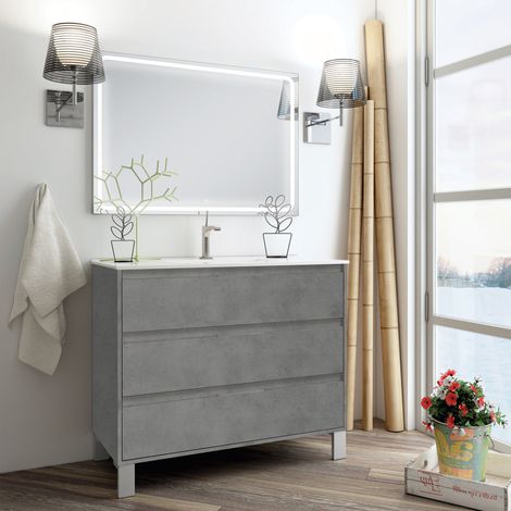 Meuble de salle de bain simple vasque - 3 tiroirs - ciment (gris) - TIRIS 3C et miroir Led VELDI - 100cm (1/5)