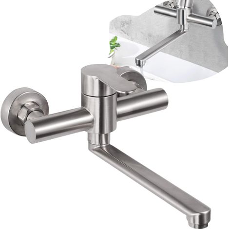 Mitigeur Mural Cuisine Inoxydable Pivotant 360° Évier Eau Chaude Froide Trous Réglables Bras 23cm Brossé - AUTRES (1/4)