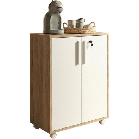 Armoire Basse 2 Portes 2 Niches Blanc et Chêne Sur Roulettes L 53.5 H 74 P 29.4 cm (1/5)