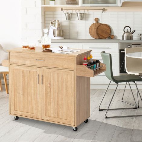 Desserte de Cuisine Roulante Roues Verrouillables Plateau en Bois Etagères en MDF 116x40x85cm Naturel (1/2)