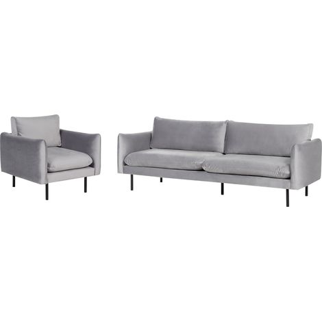 Conjunto de sala de estar 3 plazas estilo retro moderno sofá y sillón de terciopelo gris patas negras Vinterbro