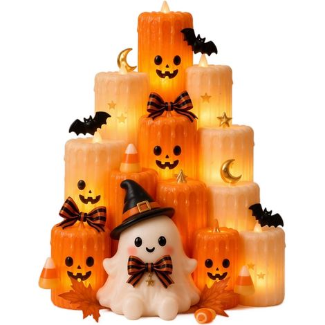 Tour de bougies lumineuses à plusieurs niveaux pour Halloween, bougies LED citrouille dégoulinante, fantôme chapeau de sorcière, plastique chaud, table basse (1/5)