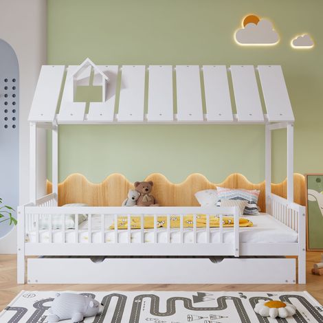 Lit maison enfant 120×190/200cm blanc pin+MDF,toit cheminée,grille 3 côtés,lit sécurisé pour jeunesse avec cadre à lattes