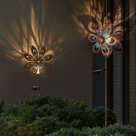 Gartendeko LED Solarlampe Windrad Terrassenlampe Außenlampe Erdspieß, Metall gold blau rost gelb,Bruchglas, warmweiß, 2er Set