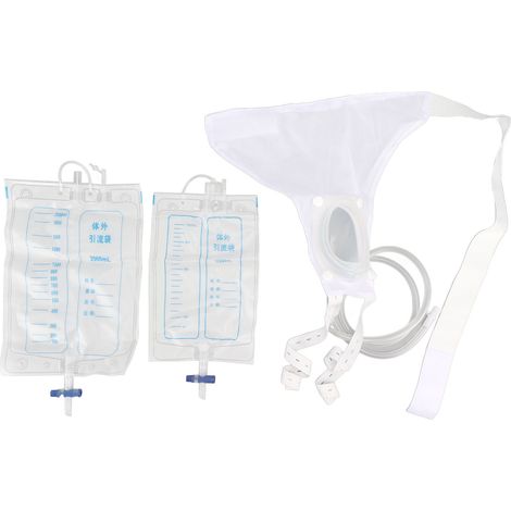 Système urinaire portable anti-fuites pour femmes, comprenant un recueil de poches à urine en silicone souple et respirant, et un système de cathétérisme urinaire à porter. (1/5)