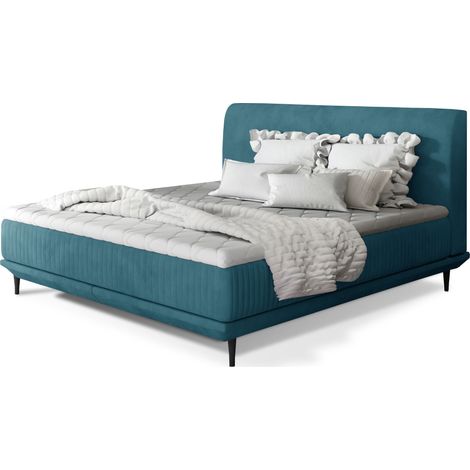 Lit boxspring 180x200 velours bleu canard sommier et matelas inclus Mastera (1/5)