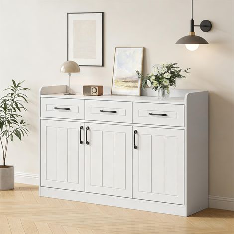Buffet enfilade 120x35x80 cm, 3 portes et 3 tiroirs, étagères réglables, façades striées, panneaux de particules, blanc, pour salon et entrée (1/5)
