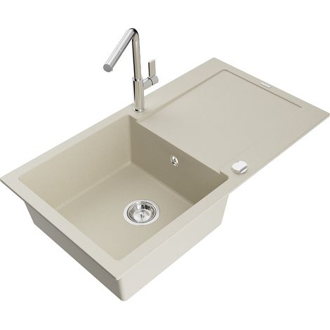 Mexen Leo lavello in granito 1-vasca con scolapiatti e rubinetto cucina Flora, beige - 6501-69-670401-00 (1/5)