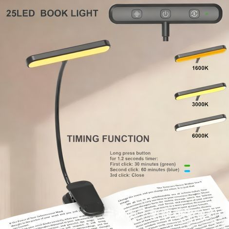 Lampe de lecture à clip réglable, 3 températures de couleur et intensité variable, pour lit et chevet, design pivotant noir. (1/5)