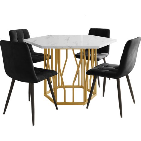 Set tavolo da pranzo moderno a 5 pezzi con tavolo esagonale effetto marmo e 4 sedie nere (1/5)