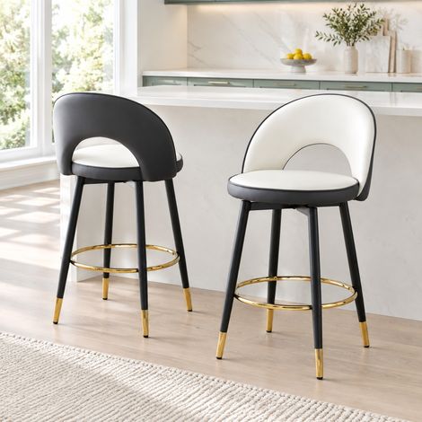 Lot de 2 tabourets de bar pivotants 360° en cuir régénéré gris foncé et blanc, pieds métal avec détails dorés, dossier ajouré ergonomique FLORAGRACE (1/5)