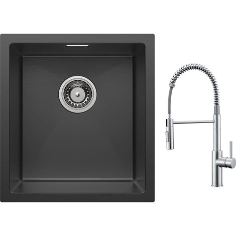 Cecipa Évier 1 Bac 40x44cm Noir Évier de Cuisine Évier Inox + Mitigeur de Cuisine à Ressort avec Douchette Extractible, Robinet Evier 2 Modes de Sortie D'eau, Brossé (1/5)
