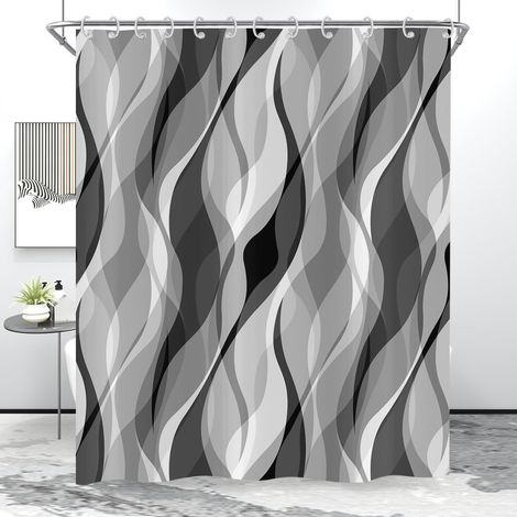 Rideau de Douche Gris 180x200, Moderne Abstrait Noir et Gris Rayé Etanche Tissu Polyester Lavable Rideau de Bain pour Salle de Bain avec Crochets (1/5)