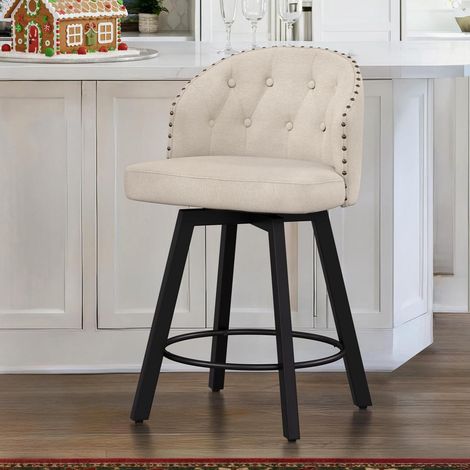 Barhocker 65 cm mit Lehne, 360° drehbar, Metallgestell, Leinenoptik (1/5)