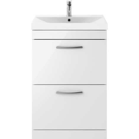 Millwich Contemporary 2 Drawer Floor Standing Vanity Unit with Thin Edge Basin, Gloss White, 600mm