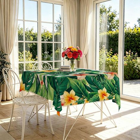 Nappe rectangulaire à imprimé lys jaune tropical (1 pièce), nappe de table légère sur le thème du solstice d'été, idéale pour les fêtes estivales. (1/4)
