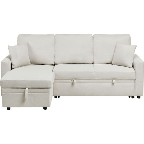 Corner Sofa Bed 3 Seater NASSJO Faux Linen Light Beige Right Hand (1/5)