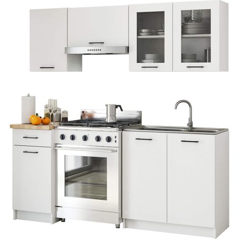 Akord – Ensemble de cuisine vitré 180 cm – 7 portes, 1 tiroir, 8 étagères – Panneau laminé blanc – Hauteur 203 cm, profondeur 46 cm (1/5)