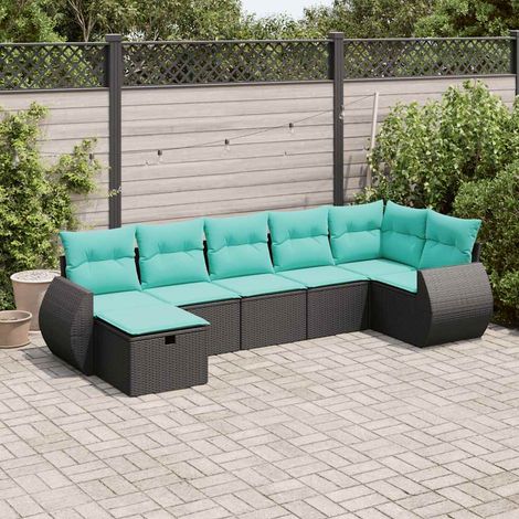 Salon de jardin 7 pièces en résine tressée noire avec rangement et coussins bleus, 58.6kg - PANGIVO (1/5)