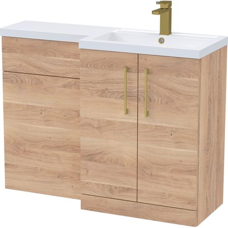 Balterley Right-Hand Bathroom Vanity and WC Unit Combination with Basin - 1100mm - Woodgrain Light Oak with Brushed Brass Handles