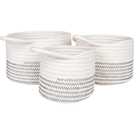 BIANCA - Lot de 3 Paniers en Coton Blanc et avec surpiqûres zig-zag et 1 Poignée (1/5)