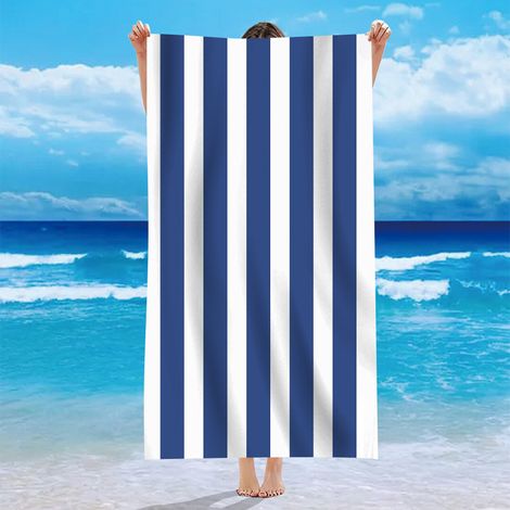 Serviette de Plage Microfibre Grande - Fine et légère - à séchage Rapide – Drap de Piscine XXL - Serviettes Anti-Sable 100% recyclée – rayé Bleu Marine-Blanc – 160cm x 80cm (1/2)