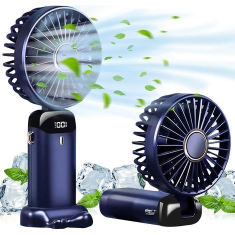 USB rechargeable portable fan with 5 speeds, mini foldable desk fan with LED display for home, office, bedroom, outdoor travel (Deep Blue) (1/5)