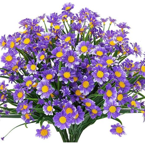Fleurs artificielles marguerites, lot de 4, buissons en plastique vert, fleurs artificielles, fleurs artificielles pour usage intérieur et extérieur (violet) (1/5)
