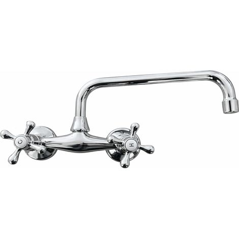 Bagnoclic – Robinet mural de cuisine chromé vintage – Bec pivotant 25 cm – Entraxe standard 15 cm – Finition métal brillante