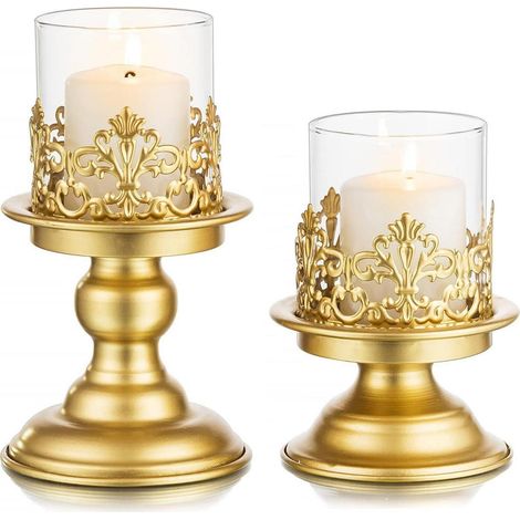 Kerzenständer Set Gold Metall mit Glas-Hurrikan, 2er Pack, Vintage-Design (1/5)
