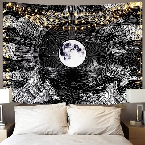 (148 x 200 cm) Wandteppich, psychedelisch, mit Mond, Stern und Kletten