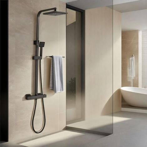 Colonne de Douche Thermostatique, Système de Douche Thermostatique 38°C,Acier Inoxydable, Douchette Flexible, Réglable en Hauteur, Noir (1/5)