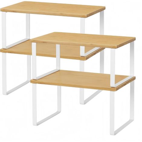 Bambus-Schrank- und Arbeitsplattenregal, stapelbar und erweiterbar, 4er-Set, weiß und natur  Stapelbares und erweiterbares Gewürzregal, platzsparende Aufbewahrung für Speisekammer und Badezimmer, weiß (1/5)