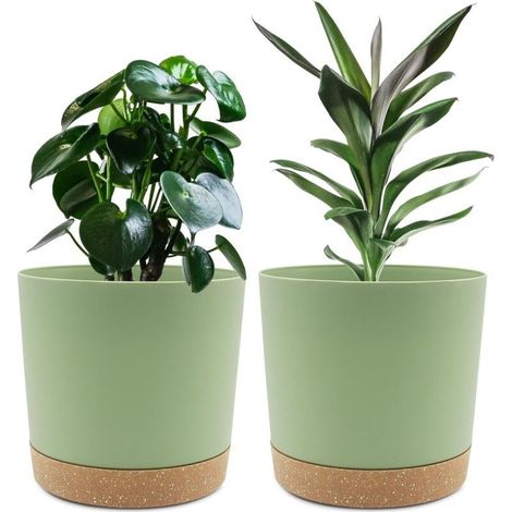 Set of 2 19.5cm Pots, Indoor Planters with Drainage Holes and Removable Base, Modern Decorative Saucer for Outdoor Planters (Green 19.5cm) (1/5)